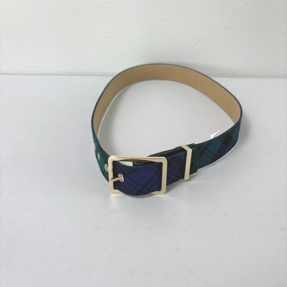 Talbots Black Watch Plaid Belt Womens M Blue Green Wool Blend Gold Buckle